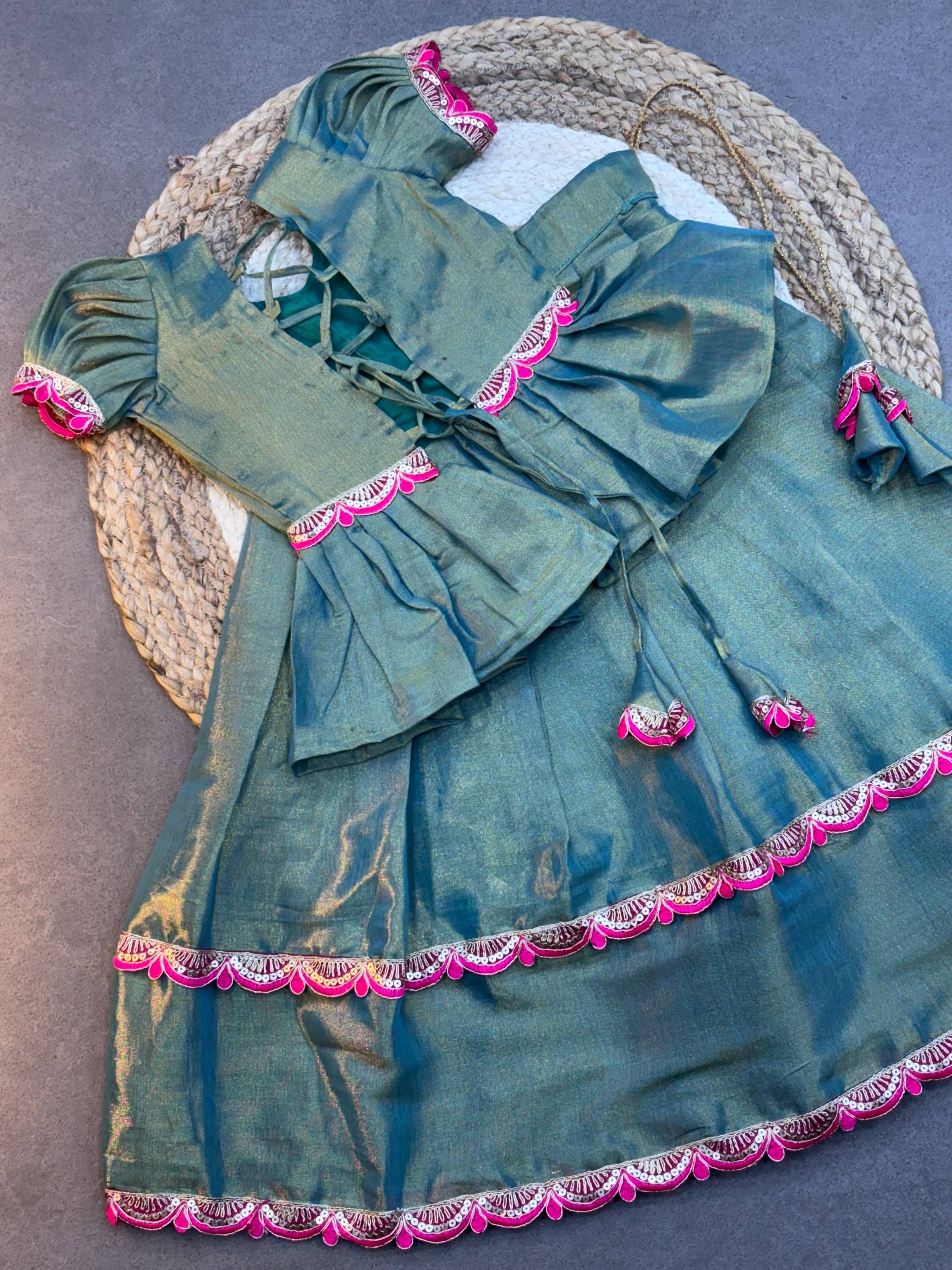 Emerald Peplum Silk Pattu Langa for Little Girls