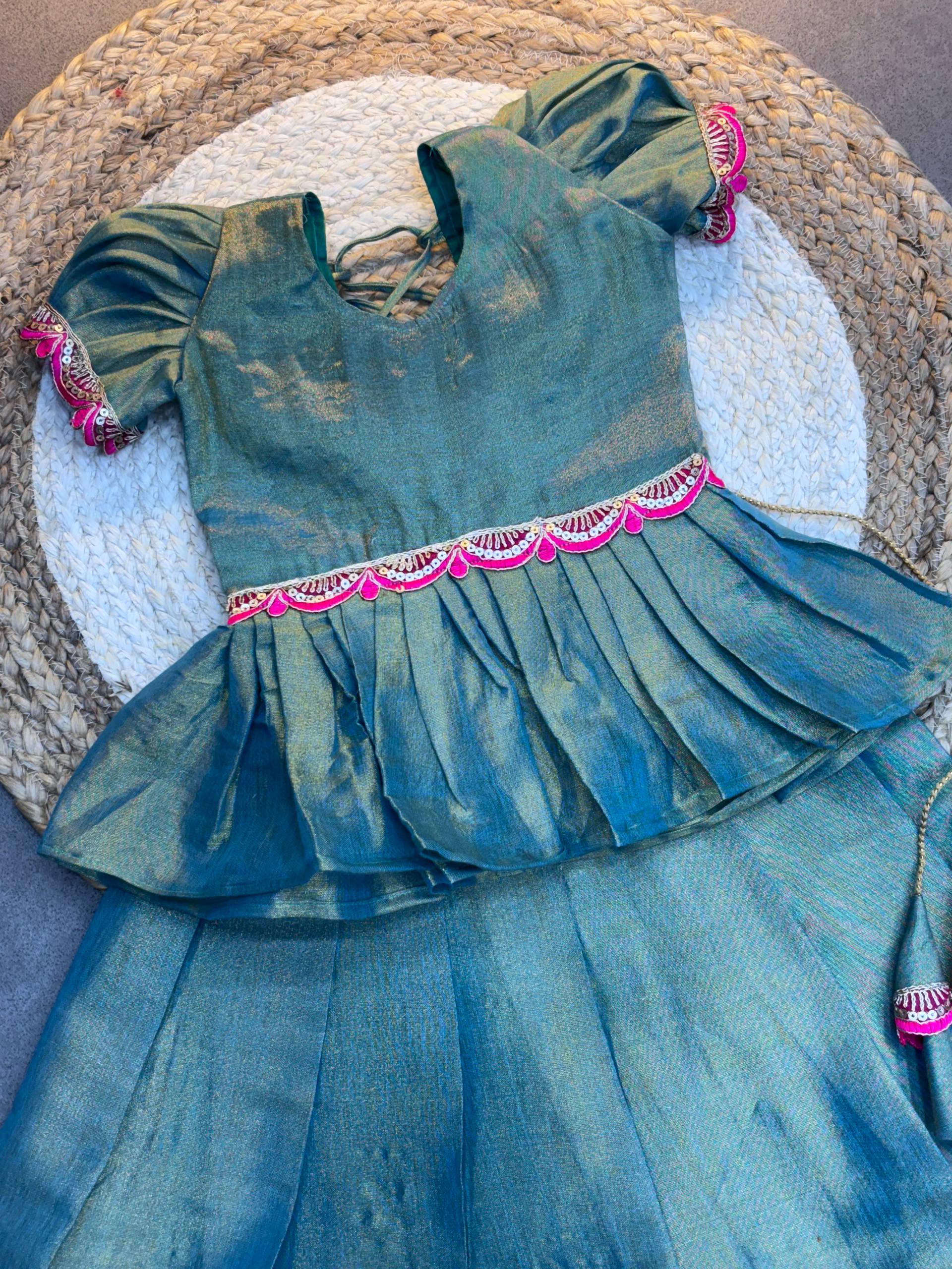Emerald Peplum Silk Pattu Langa for Little Girls