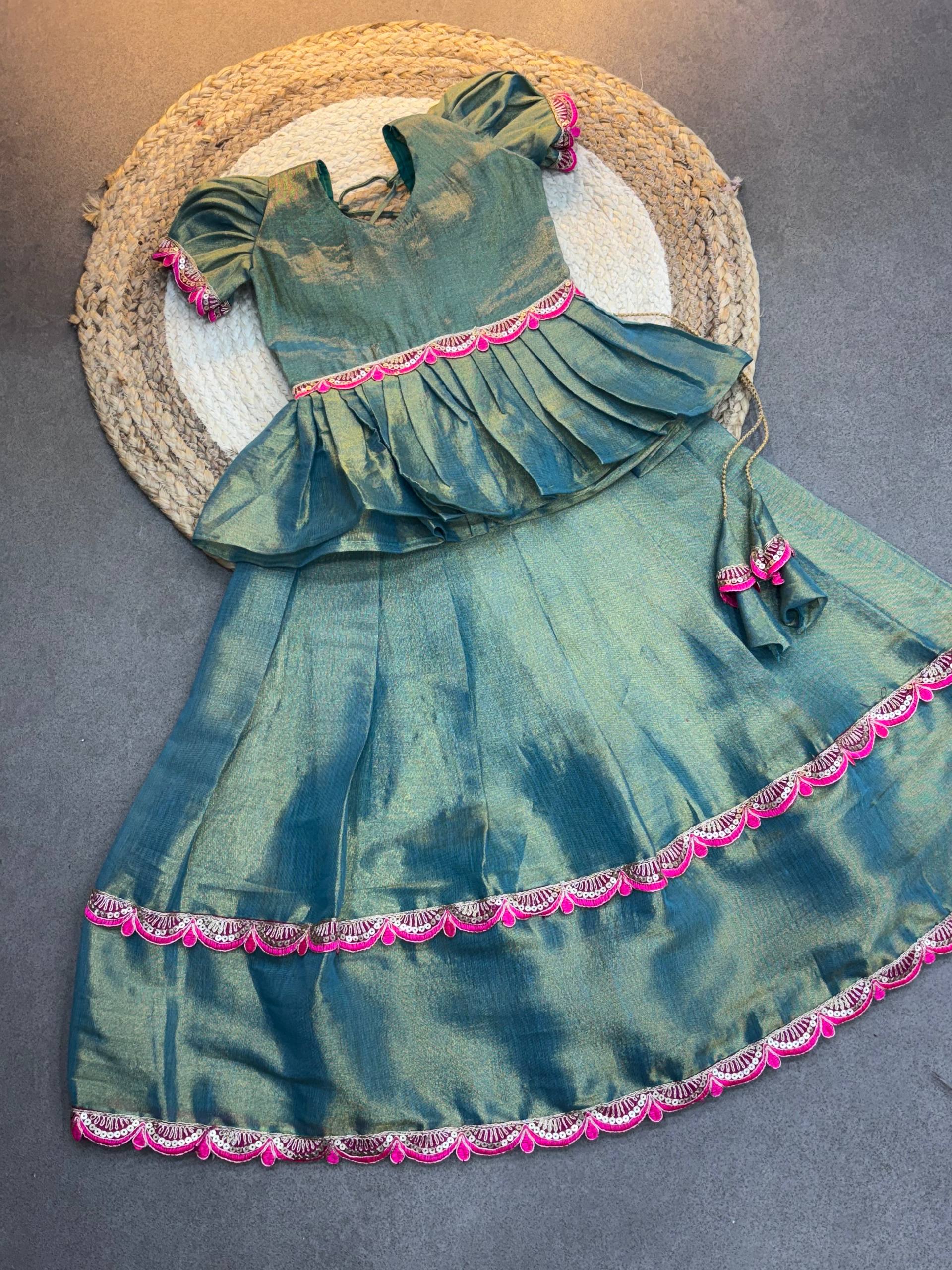Emerald Peplum Silk Pattu Langa for Little Girls
