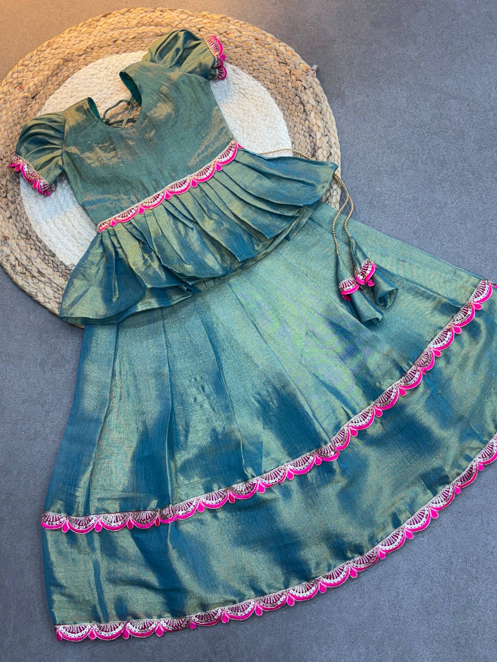 Emerald Peplum Silk Pattu Langa for Little Girls