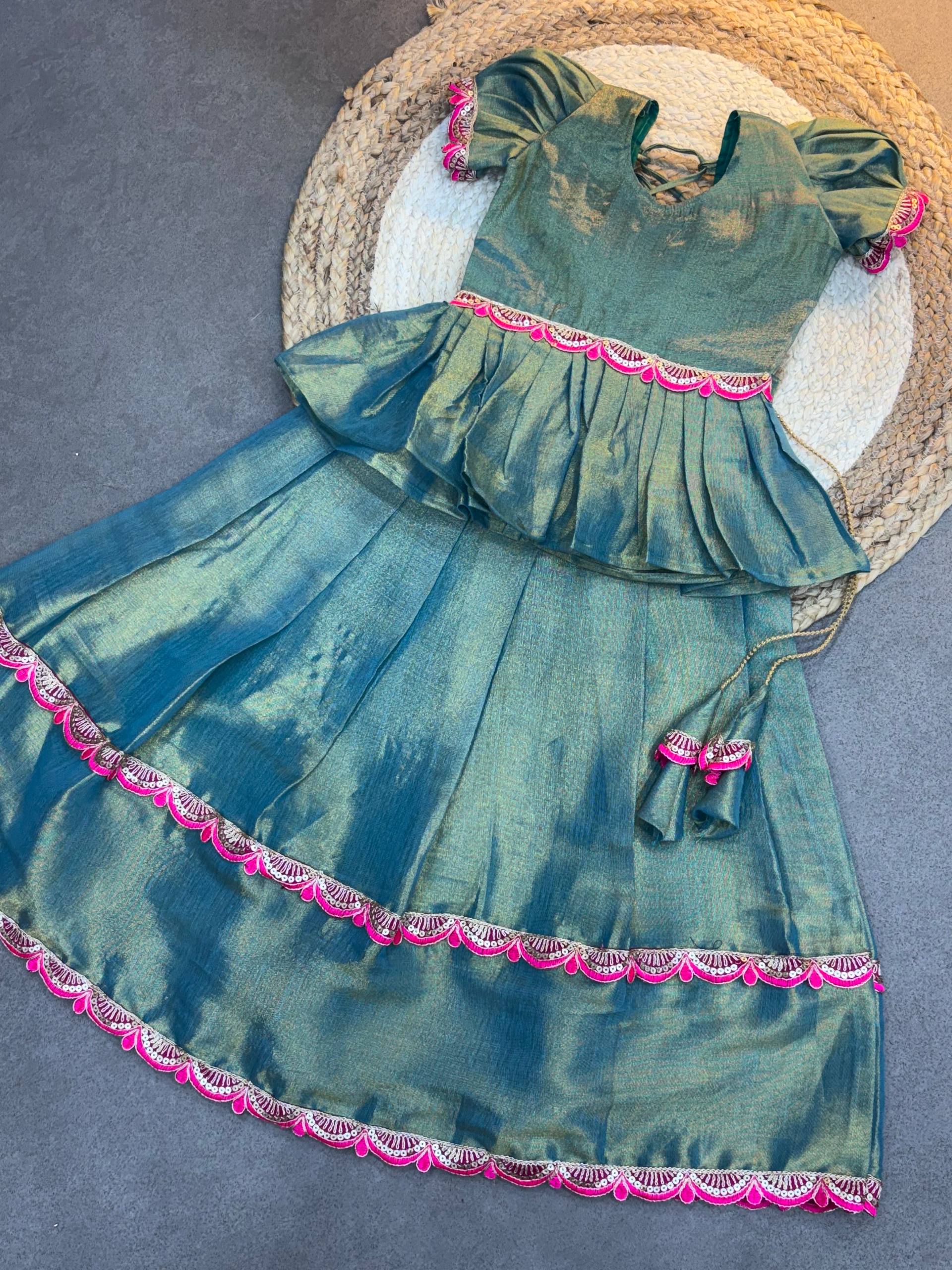 Emerald Peplum Silk Pattu Langa for Little Girls