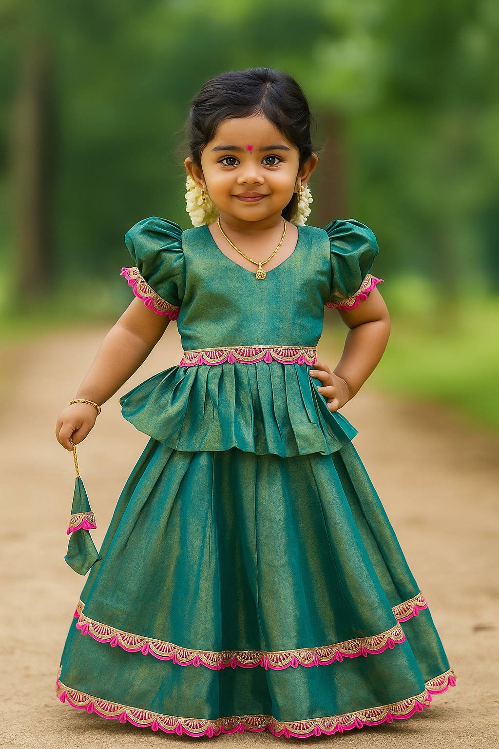 Emerald Peplum Silk Pattu Langa for Little Girls