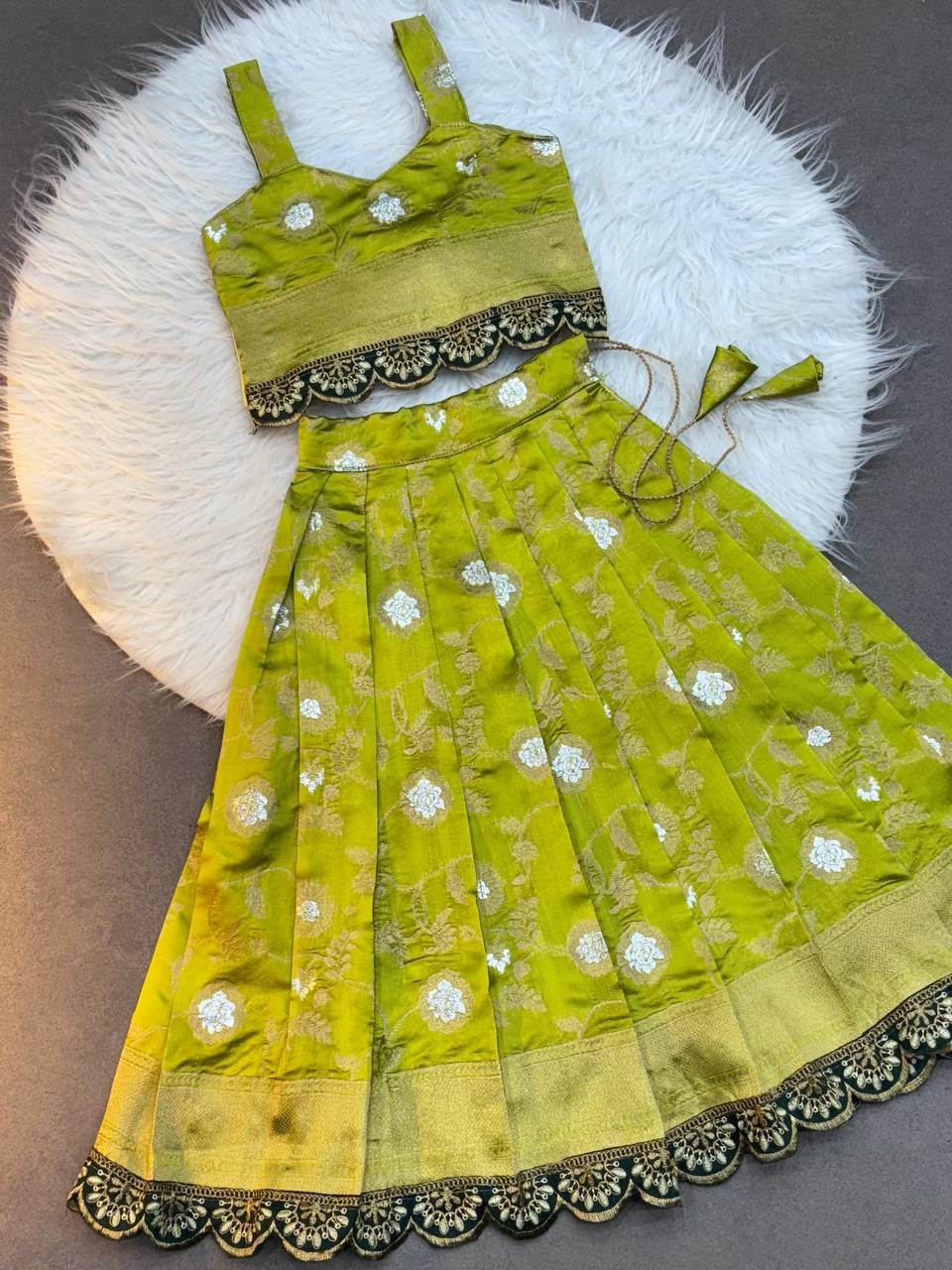 Kids Traditional Banarasi Silk Lehenga Choli Set – Lime Green with Zari Work