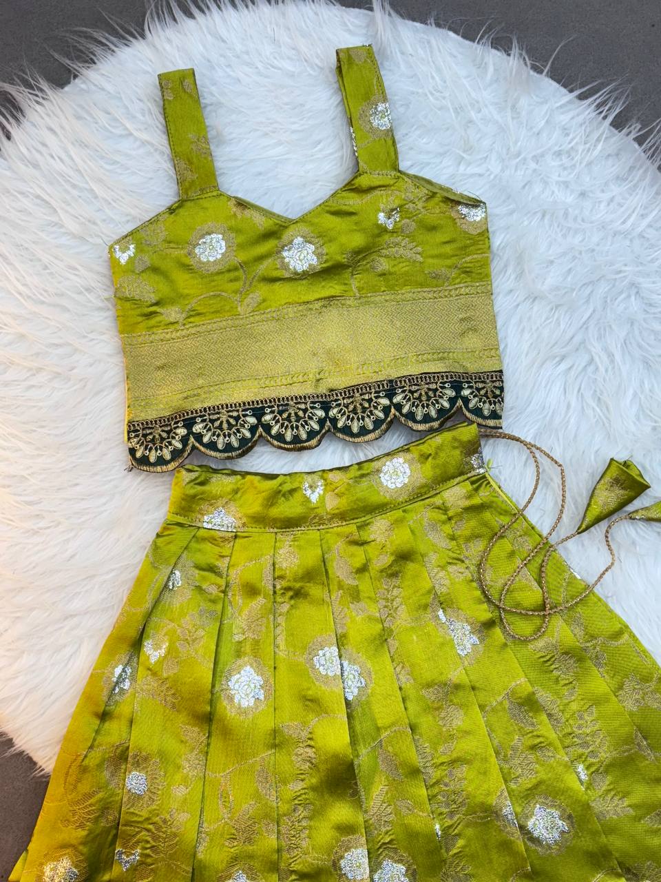 Kids Traditional Banarasi Silk Lehenga Choli Set – Lime Green with Zari Work