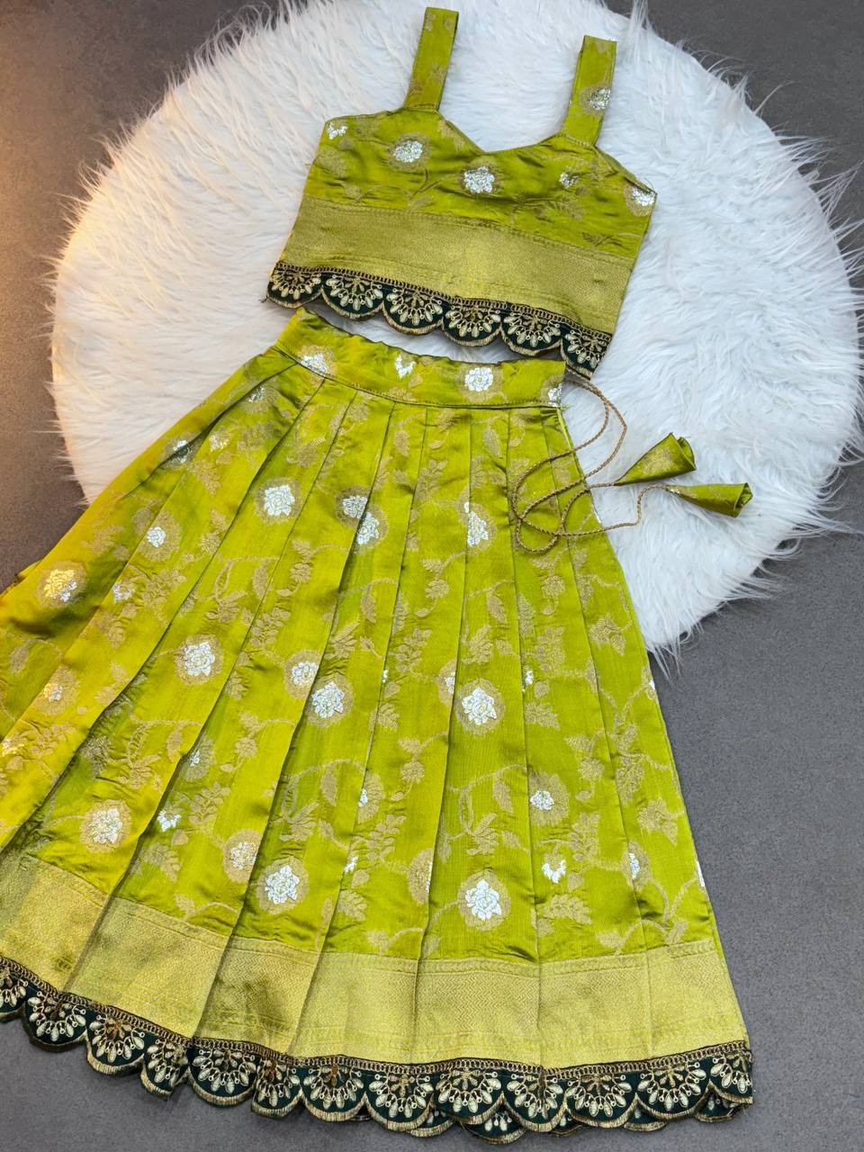 Kids Traditional Banarasi Silk Lehenga Choli Set – Lime Green with Zari Work