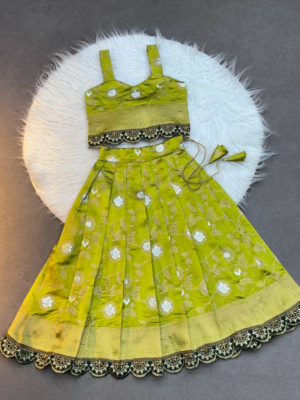 Kids Traditional Banarasi Silk Lehenga Choli Set – Lime Green with Zari Work