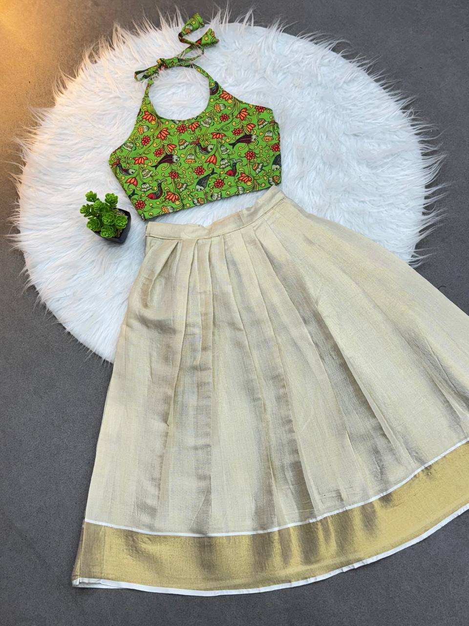 Little Blossom Kerala Set – Green Halter Top & Kasavu Skirt