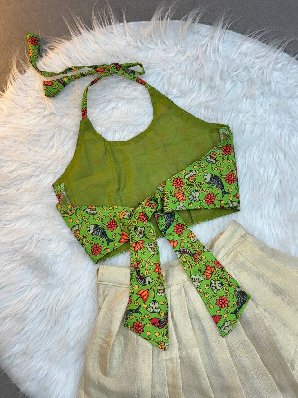 Little Blossom Kerala Set – Green Halter Top & Kasavu Skirt