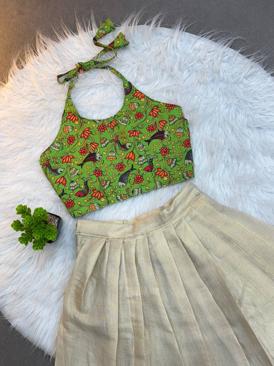Little Blossom Kerala Set – Green Halter Top & Kasavu Skirt