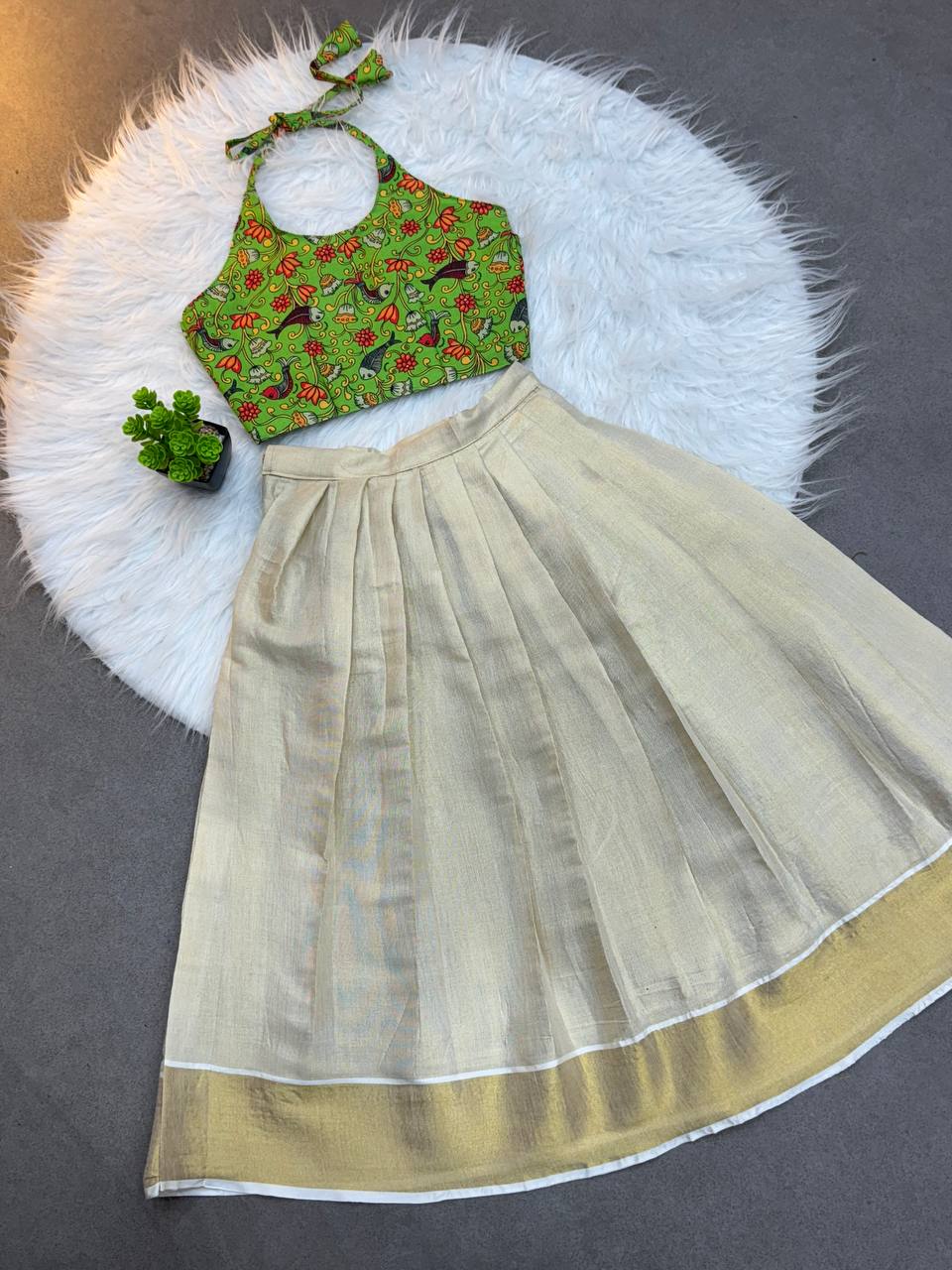 Little Blossom Kerala Set – Green Halter Top & Kasavu Skirt
