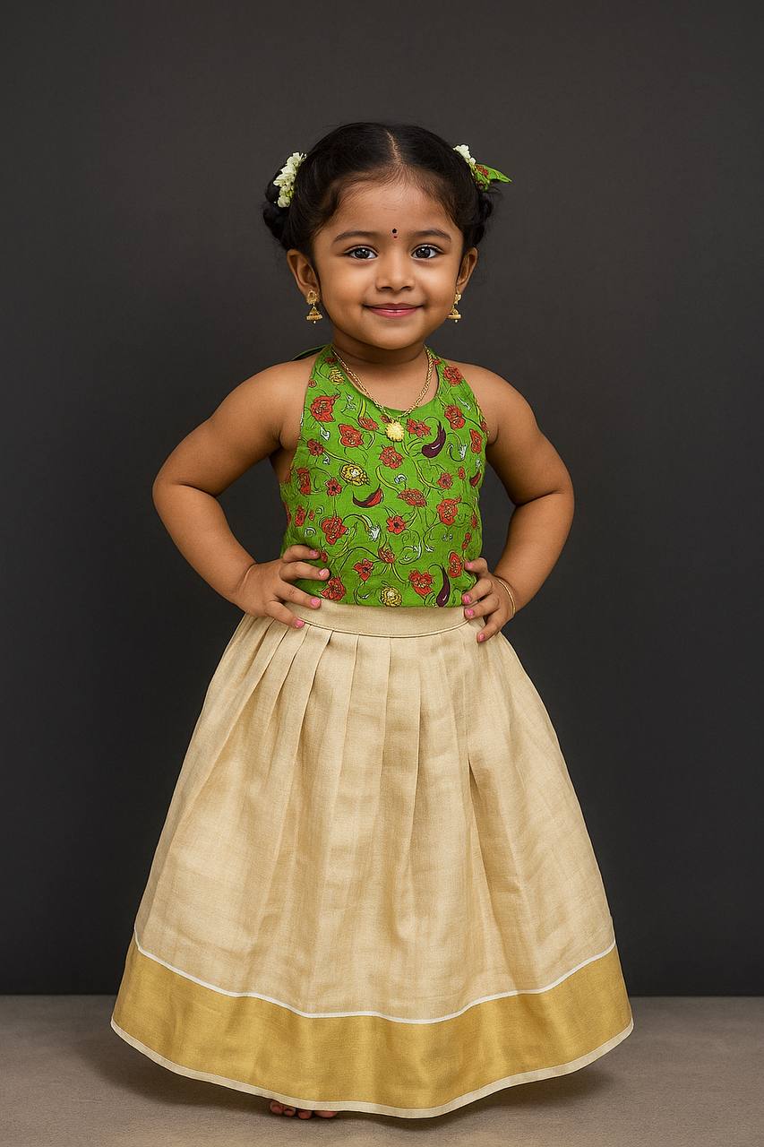 Little Blossom Kerala Set – Green Halter Top & Kasavu Skirt