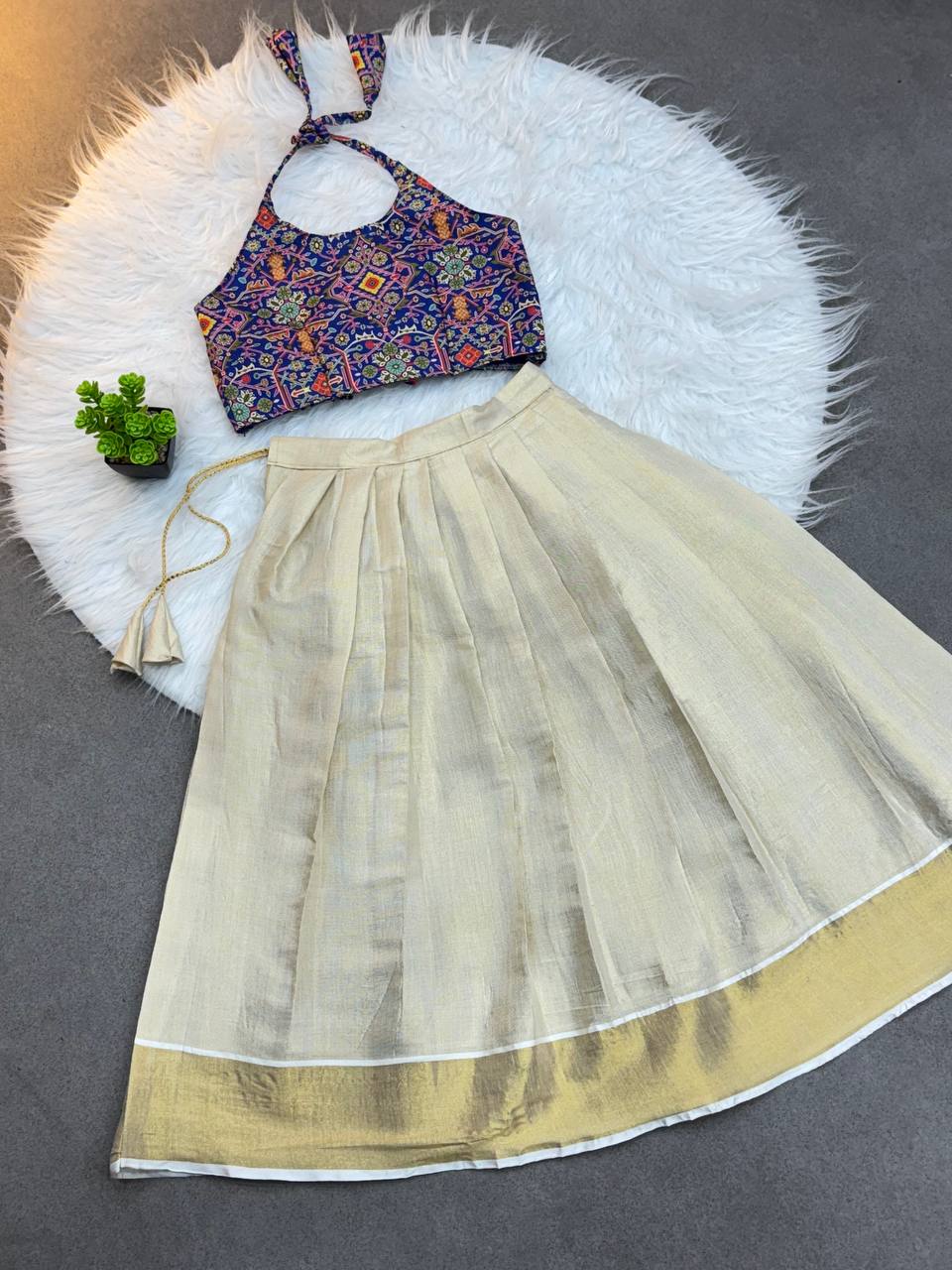 Handcrafted Traditional Ikat Crop Top & Golden Pleated Skirt Set for Kids