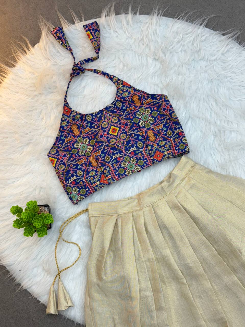 Handcrafted Traditional Ikat Crop Top & Golden Pleated Skirt Set for Kids