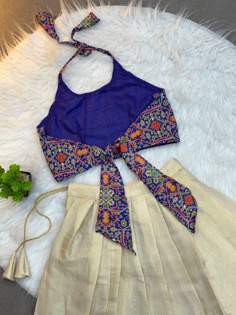 Handcrafted Traditional Ikat Crop Top & Golden Pleated Skirt Set for Kids