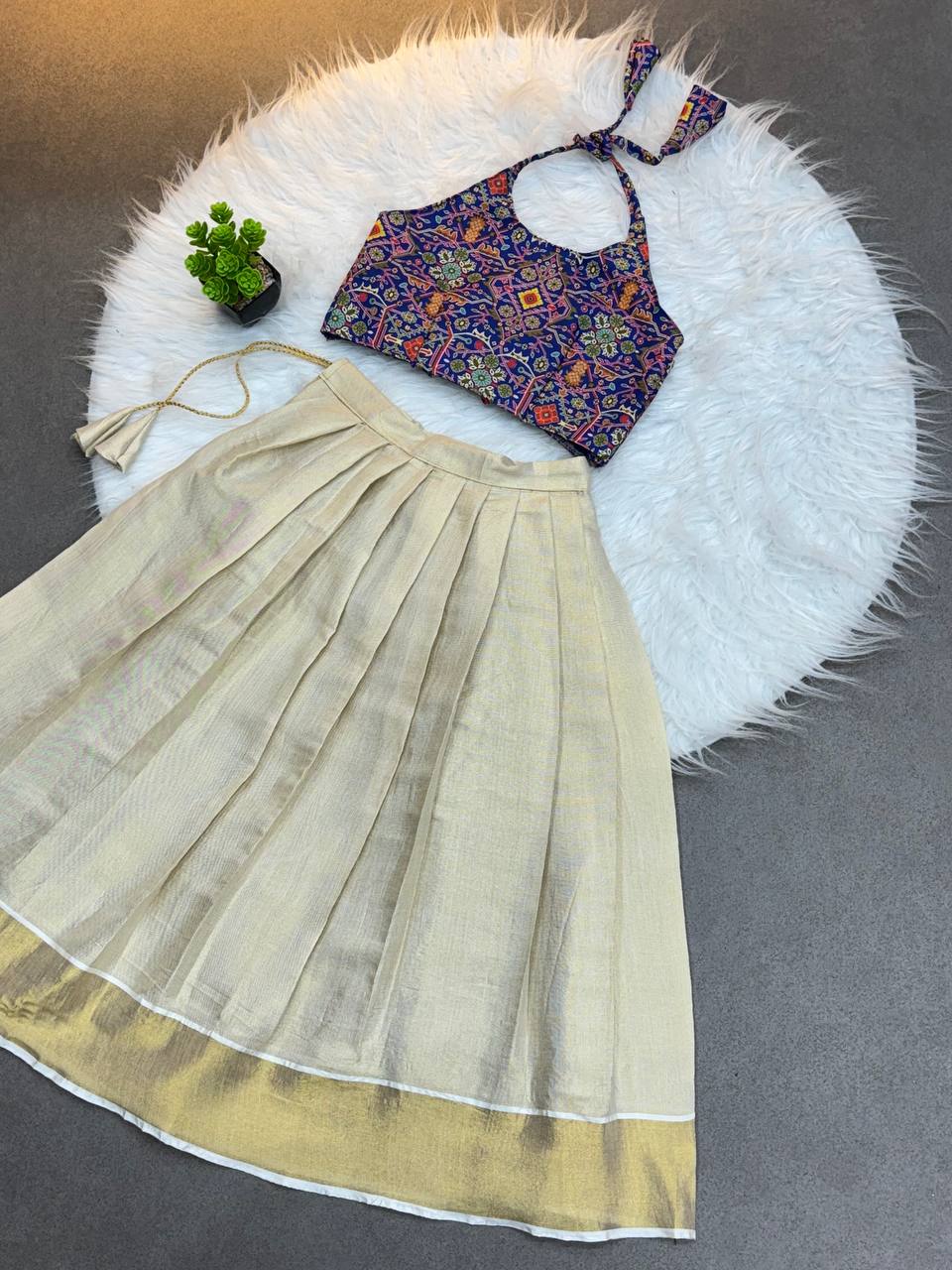 Handcrafted Traditional Ikat Crop Top & Golden Pleated Skirt Set for Kids