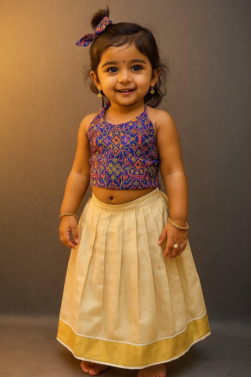 Handcrafted Traditional Ikat Crop Top & Golden Pleated Skirt Set for Kids