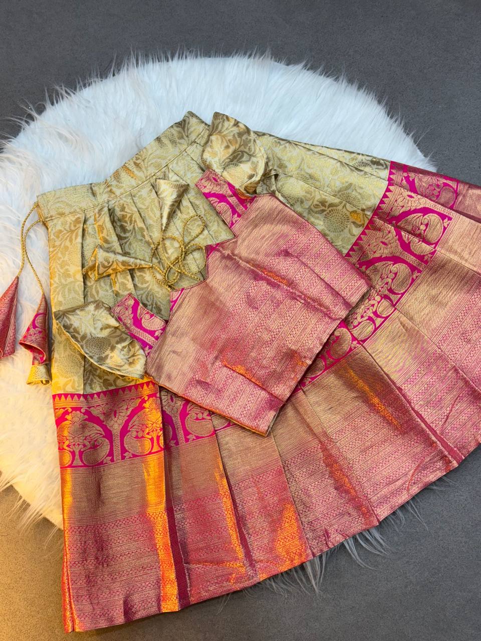 Golden Glow Pink Kanjivaram Pattu Lehenga for Kids