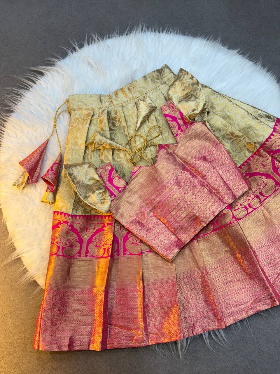 Golden Glow Pink Kanjivaram Pattu Lehenga for Kids