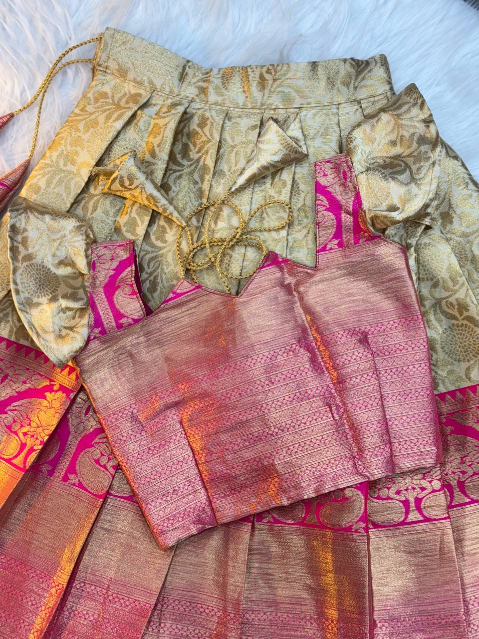 Golden Glow Pink Kanjivaram Pattu Lehenga for Kids