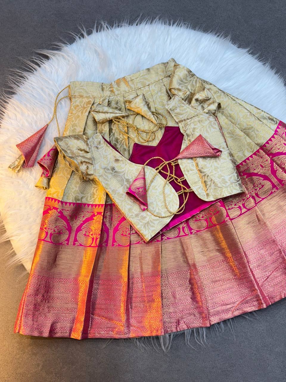 Golden Glow Pink Kanjivaram Pattu Lehenga for Kids