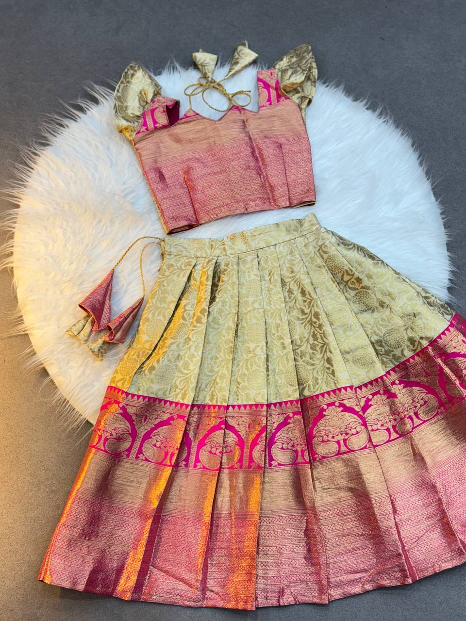 Golden Glow Pink Kanjivaram Pattu Lehenga for Kids