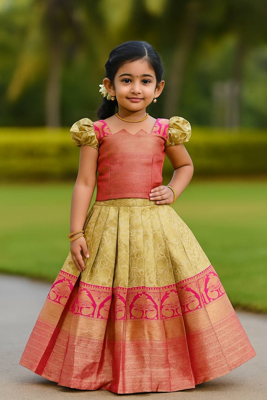 Golden Glow Pink Kanjivaram Pattu Lehenga for Kids
