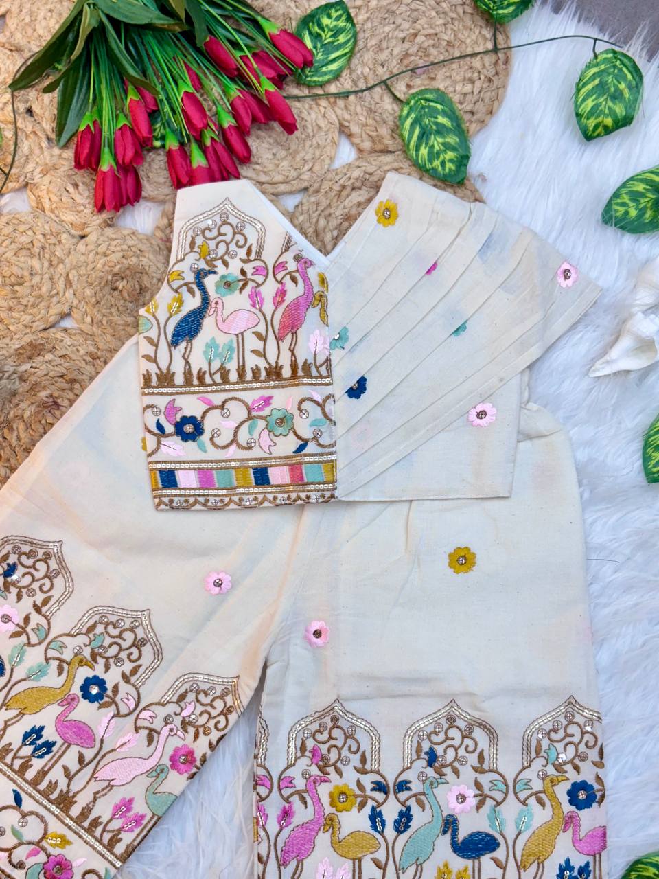 Royal Birds Hand-Embroidered Kids Palazzo Set