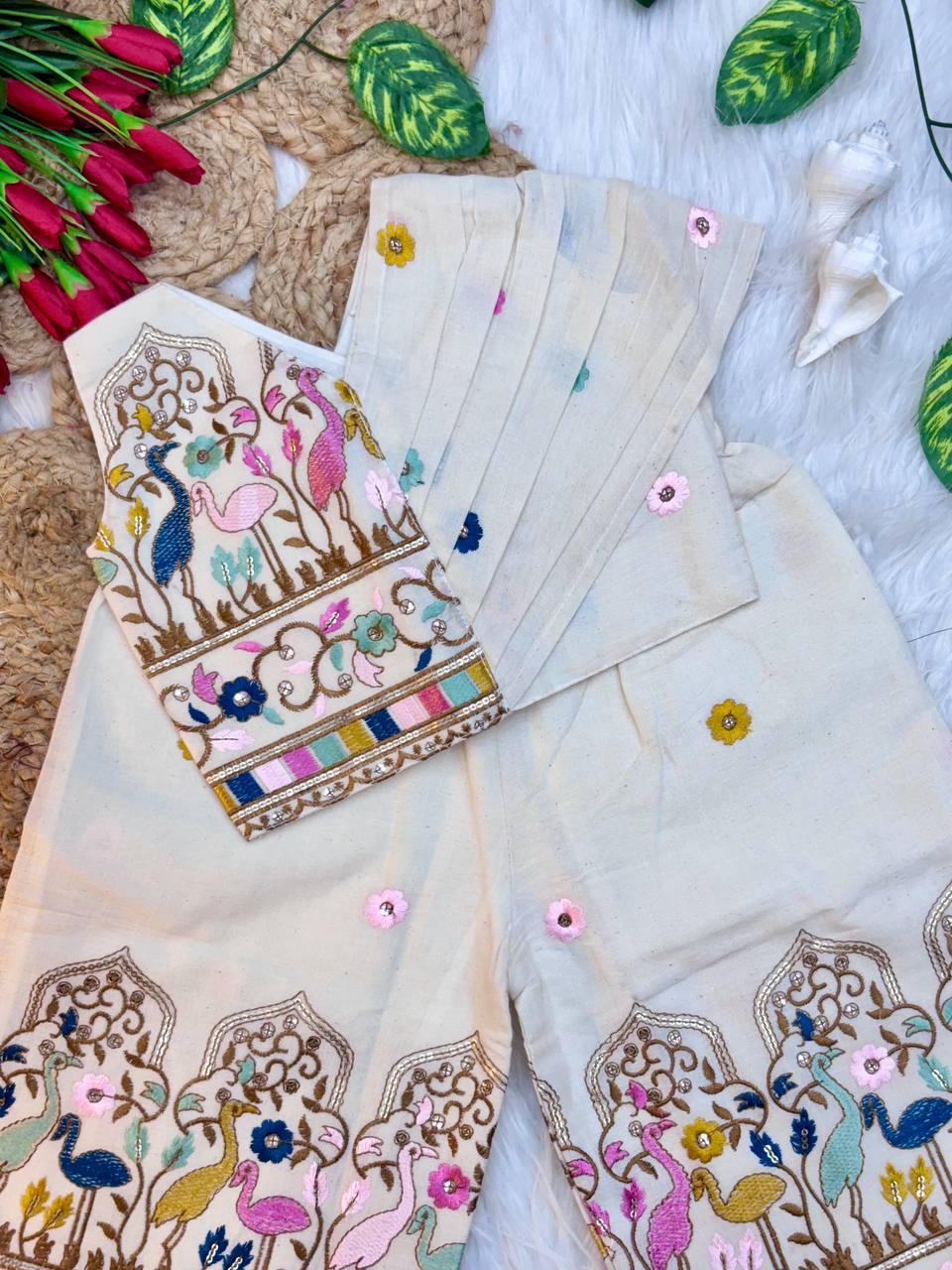 Royal Birds Hand-Embroidered Kids Palazzo Set