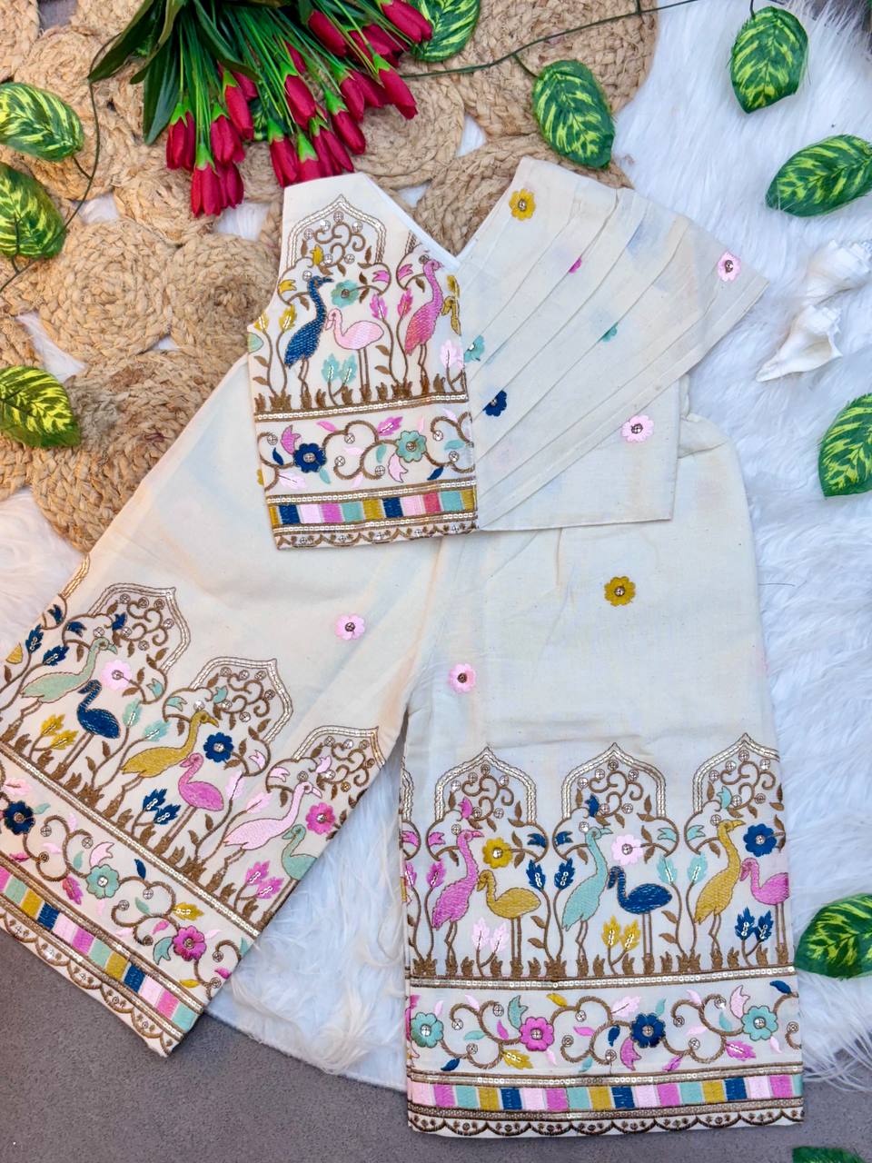 Royal Birds Hand-Embroidered Kids Palazzo Set
