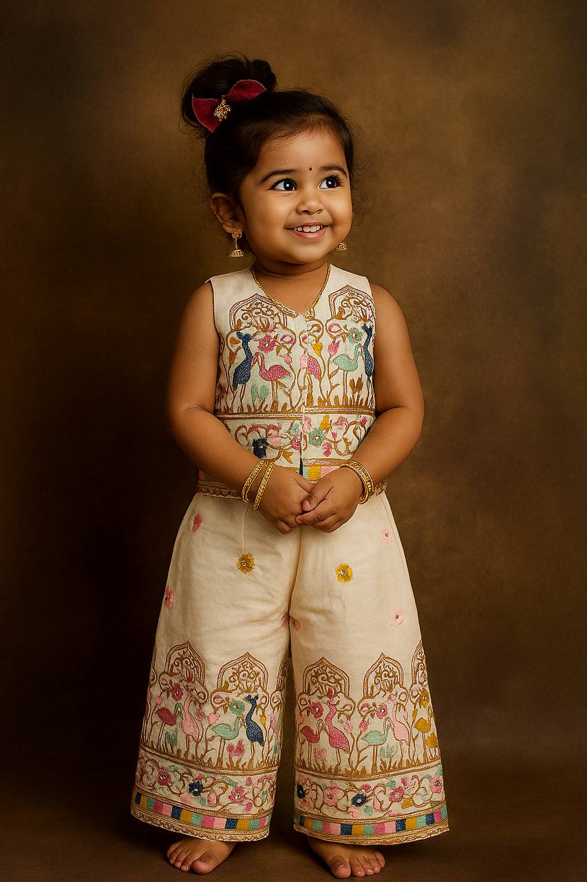 Royal Birds Hand-Embroidered Kids Palazzo Set