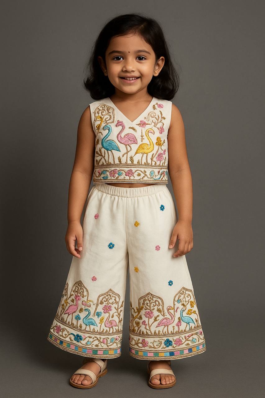 Royal Birds Hand-Embroidered Kids Palazzo Set