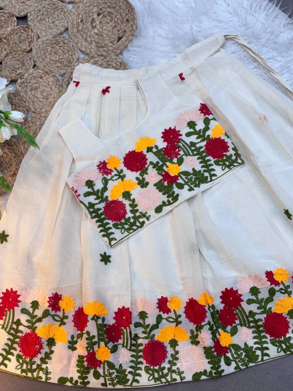 Blossom Garden Hand-Embroidered Kids Pattu Skirt Set