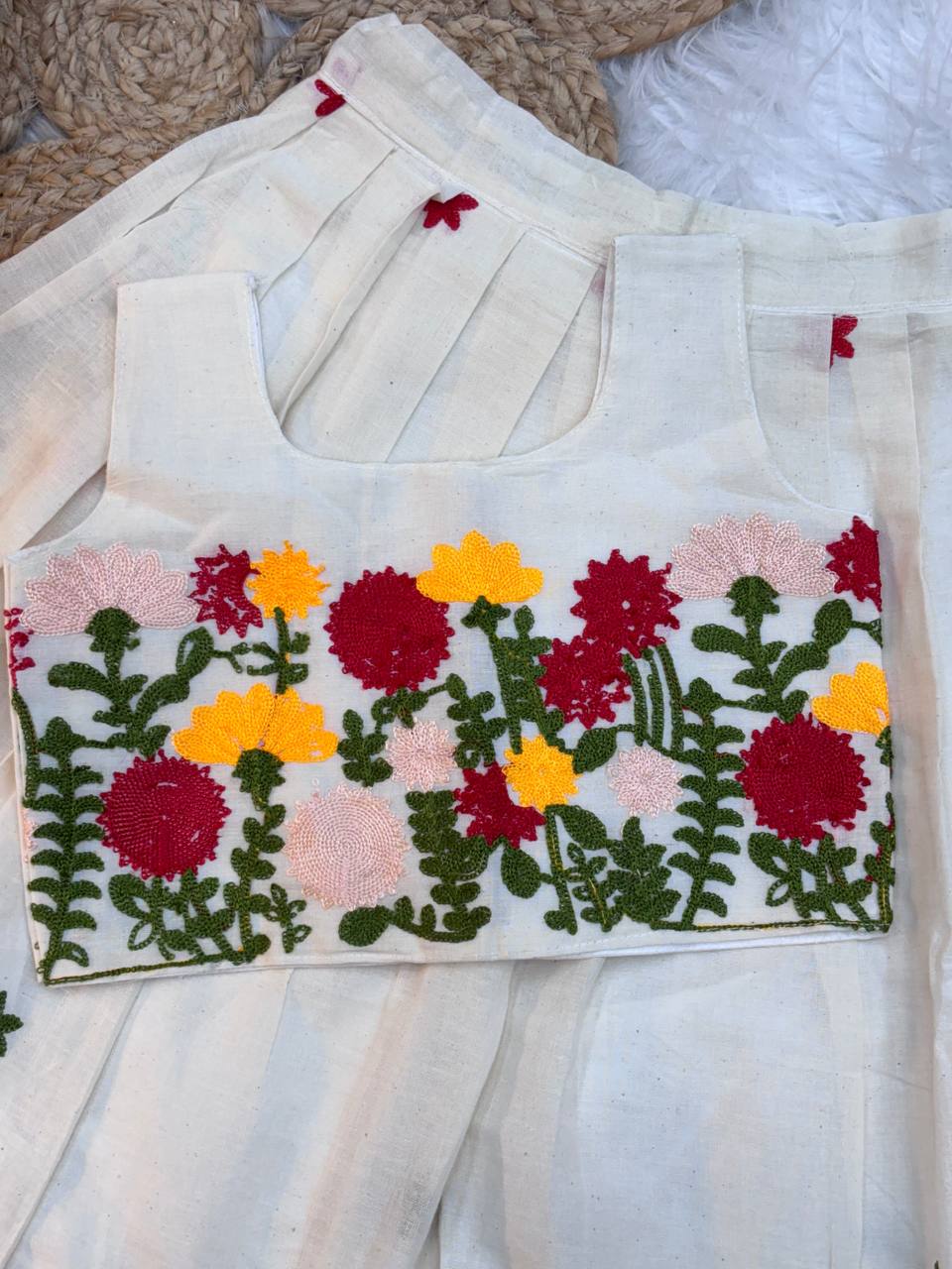 Blossom Garden Hand-Embroidered Kids Pattu Skirt Set