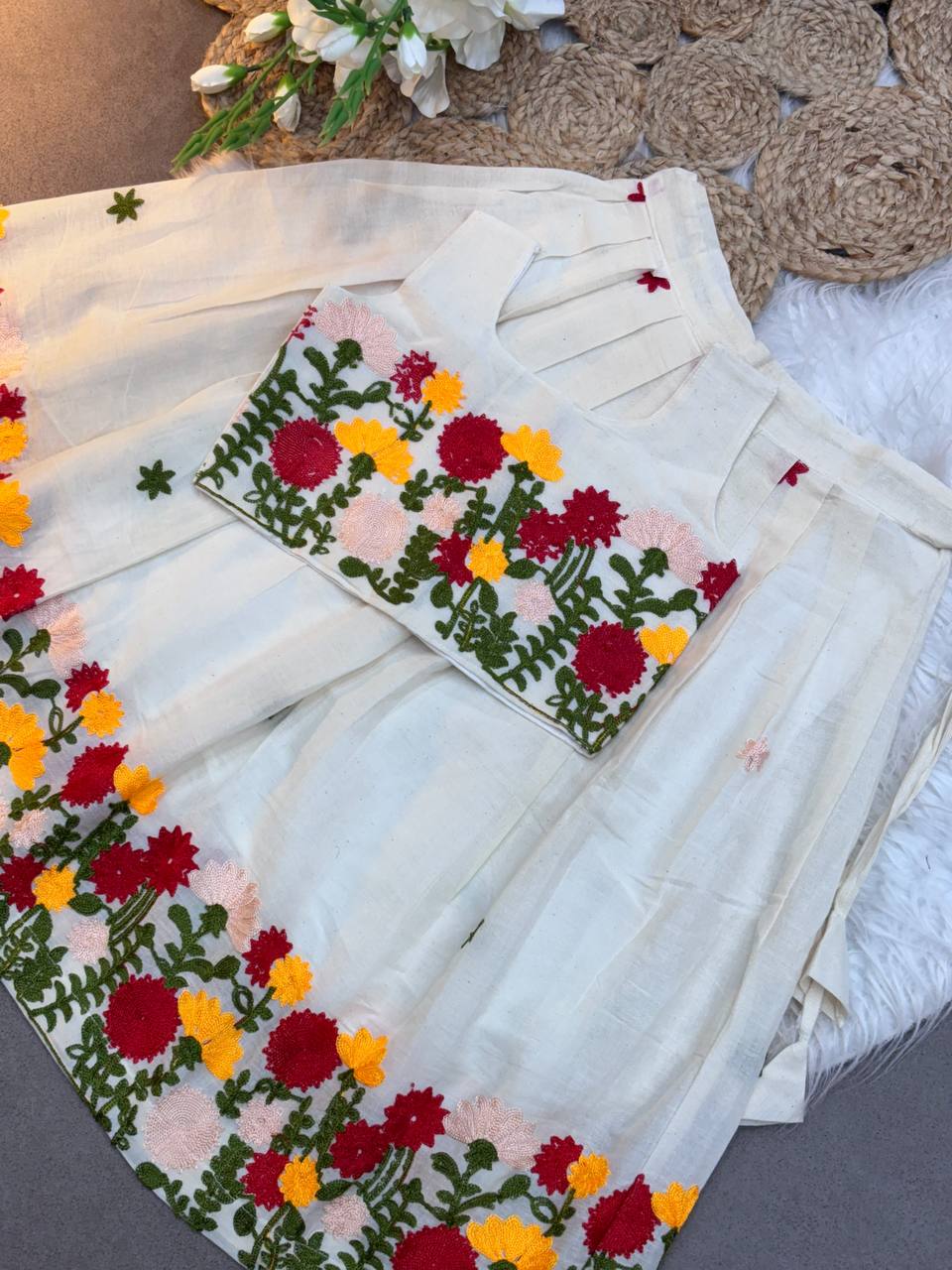 Blossom Garden Hand-Embroidered Kids Pattu Skirt Set