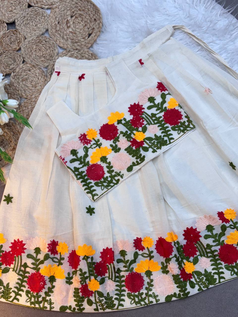 Blossom Garden Hand-Embroidered Kids Pattu Skirt Set