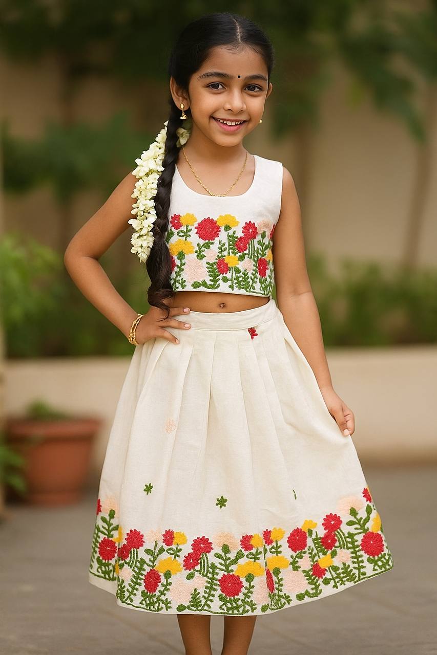 Blossom Garden Hand-Embroidered Kids Pattu Skirt Set