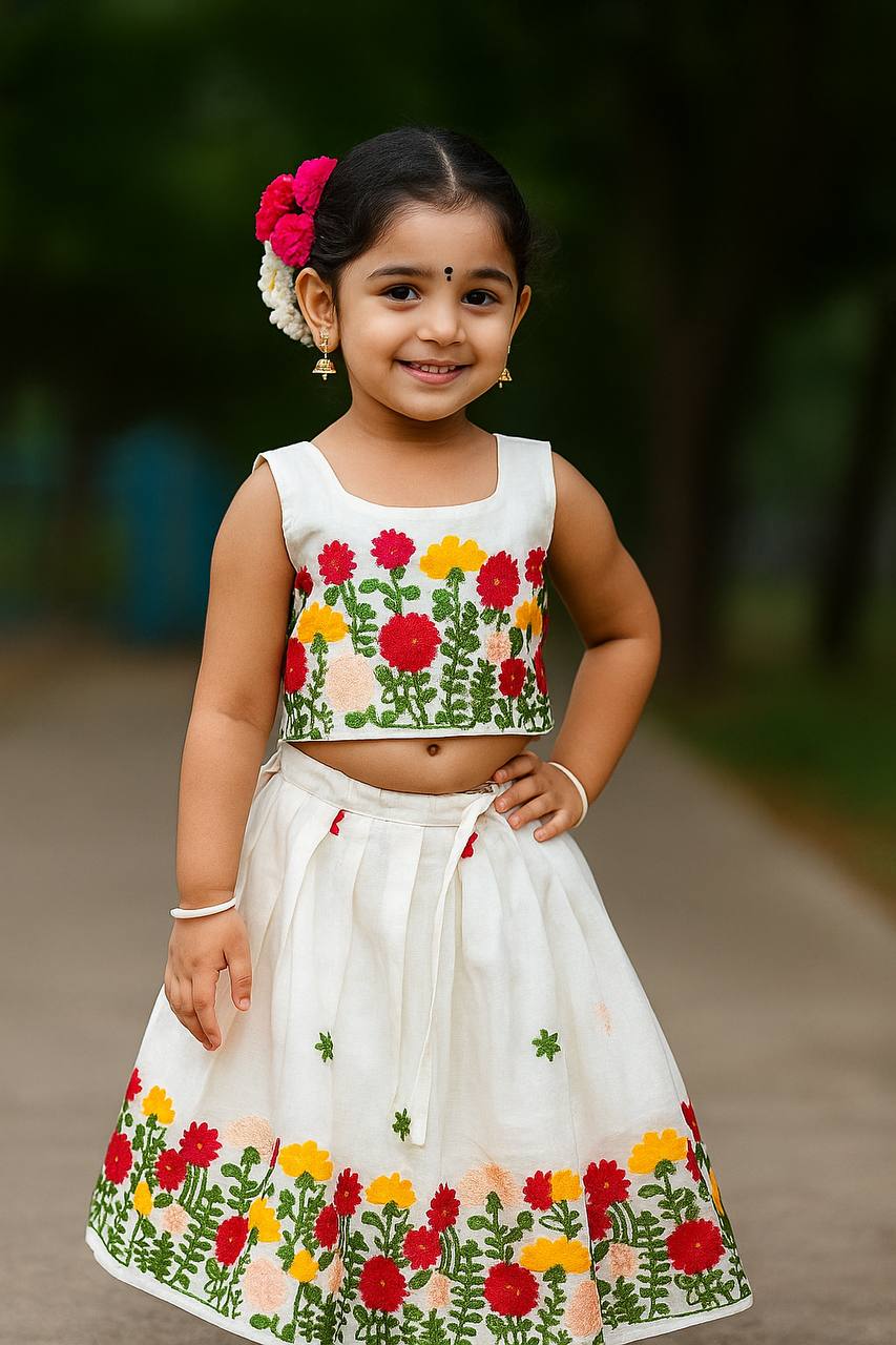 Blossom Garden Hand-Embroidered Kids Pattu Skirt Set