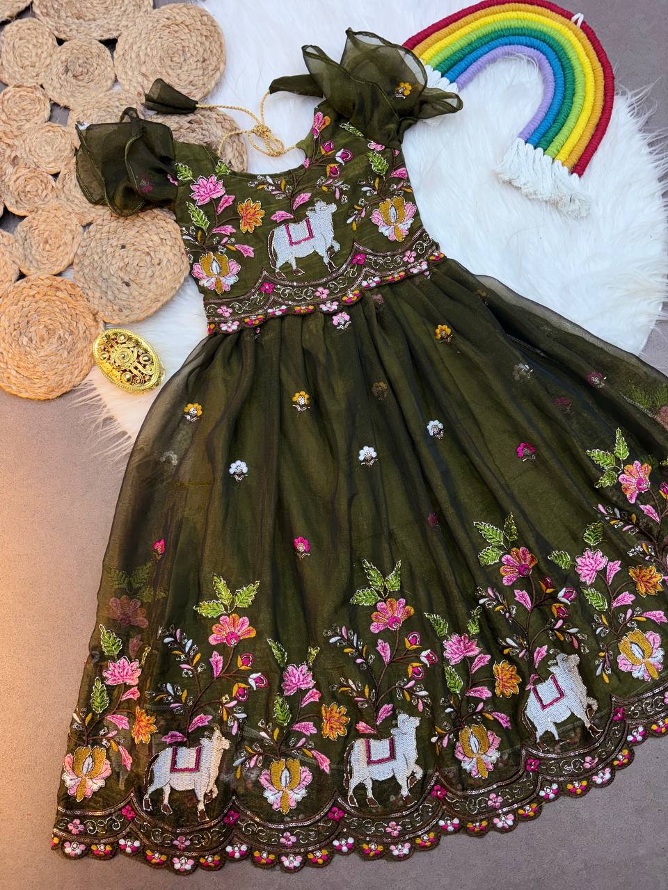 Olive Green Cow & Floral Embroidered Kids Gown