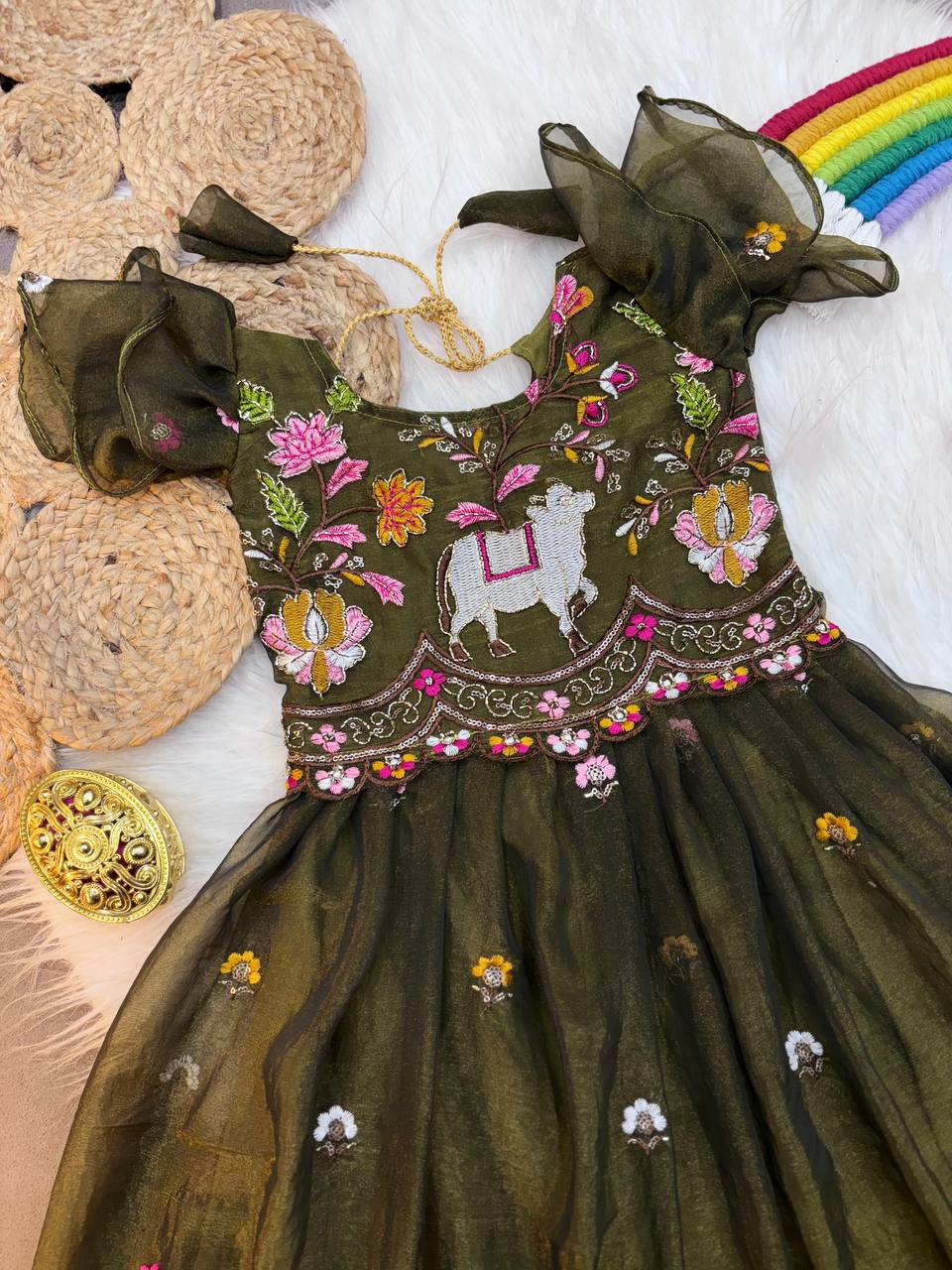 Olive Green Cow & Floral Embroidered Kids Gown