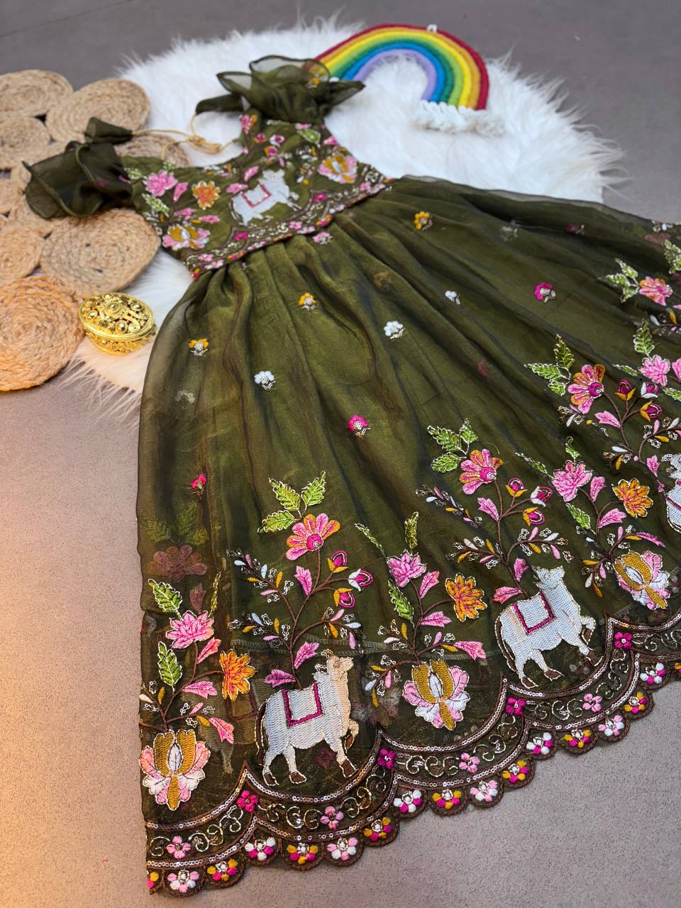 Olive Green Cow & Floral Embroidered Kids Gown