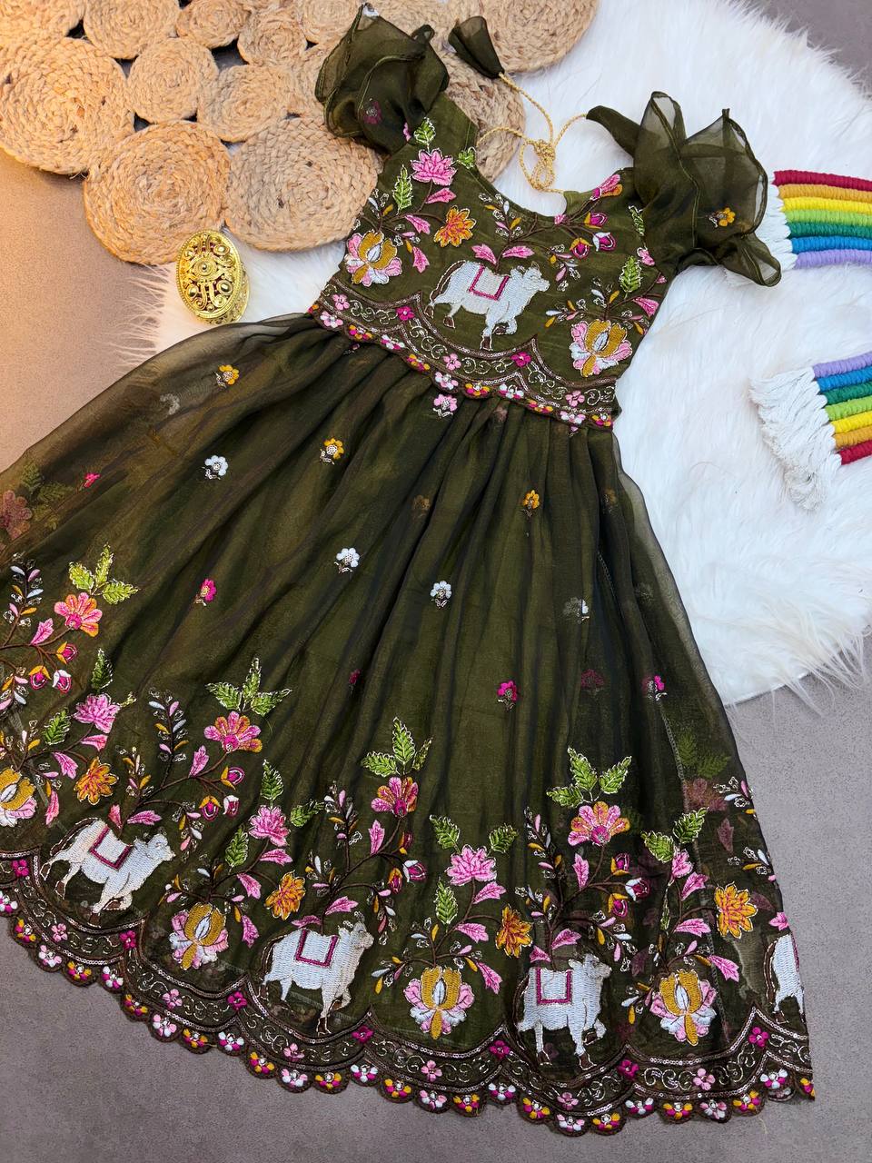 Olive Green Cow & Floral Embroidered Kids Gown