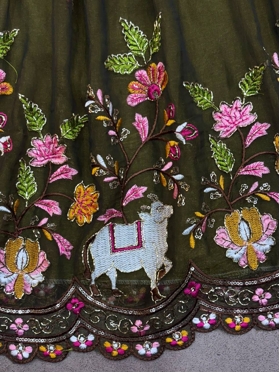 Olive Green Cow & Floral Embroidered Kids Gown