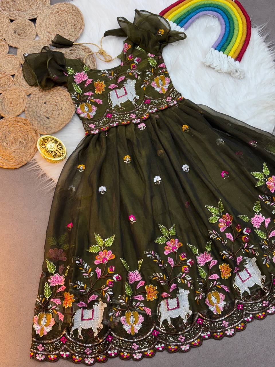 Olive Green Cow & Floral Embroidered Kids Gown