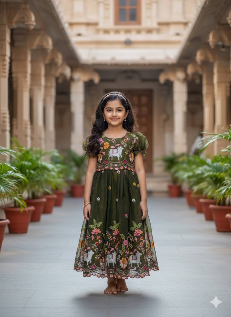 Olive Green Cow & Floral Embroidered Kids Gown