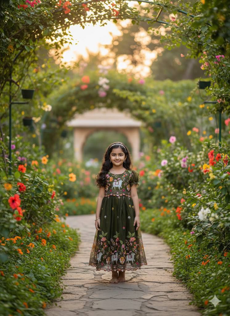 Olive Green Cow & Floral Embroidered Kids Gown