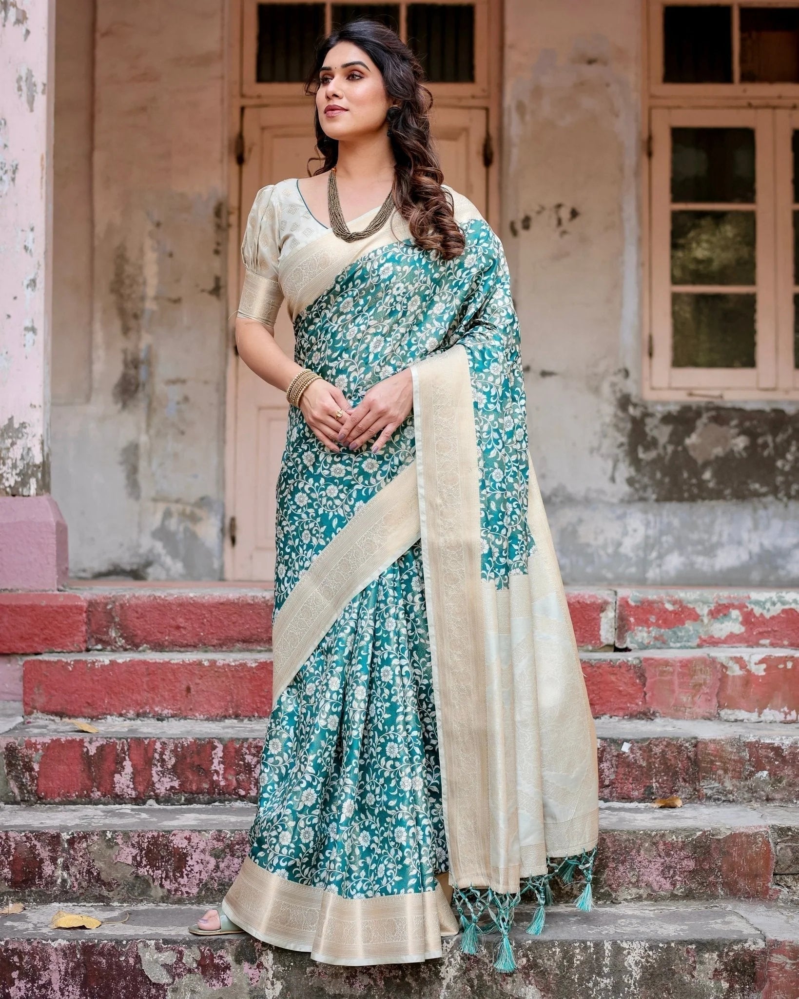 Teal and Cream Floral Banarasi Silk Saree with Zari Weave and Tassel-Accented Pallu