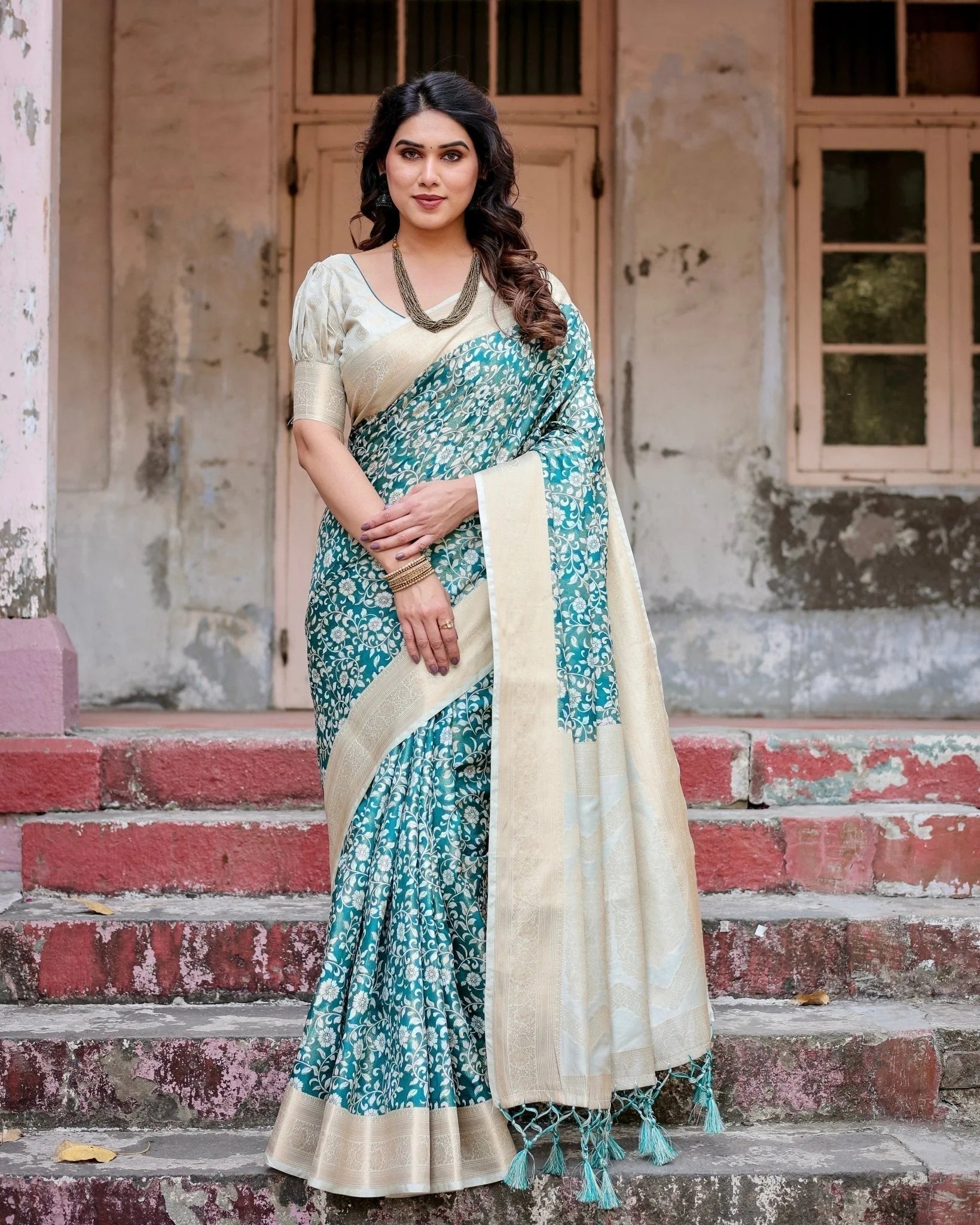 Teal and Cream Floral Banarasi Silk Saree with Zari Weave and Tassel-Accented Pallu