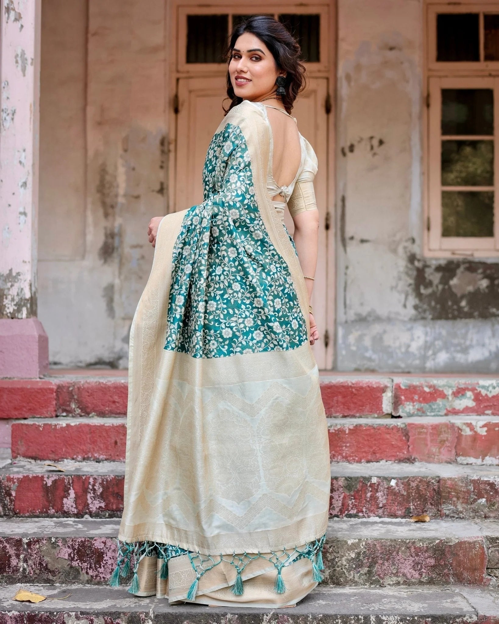 Teal and Cream Floral Banarasi Silk Saree with Zari Weave and Tassel-Accented Pallu