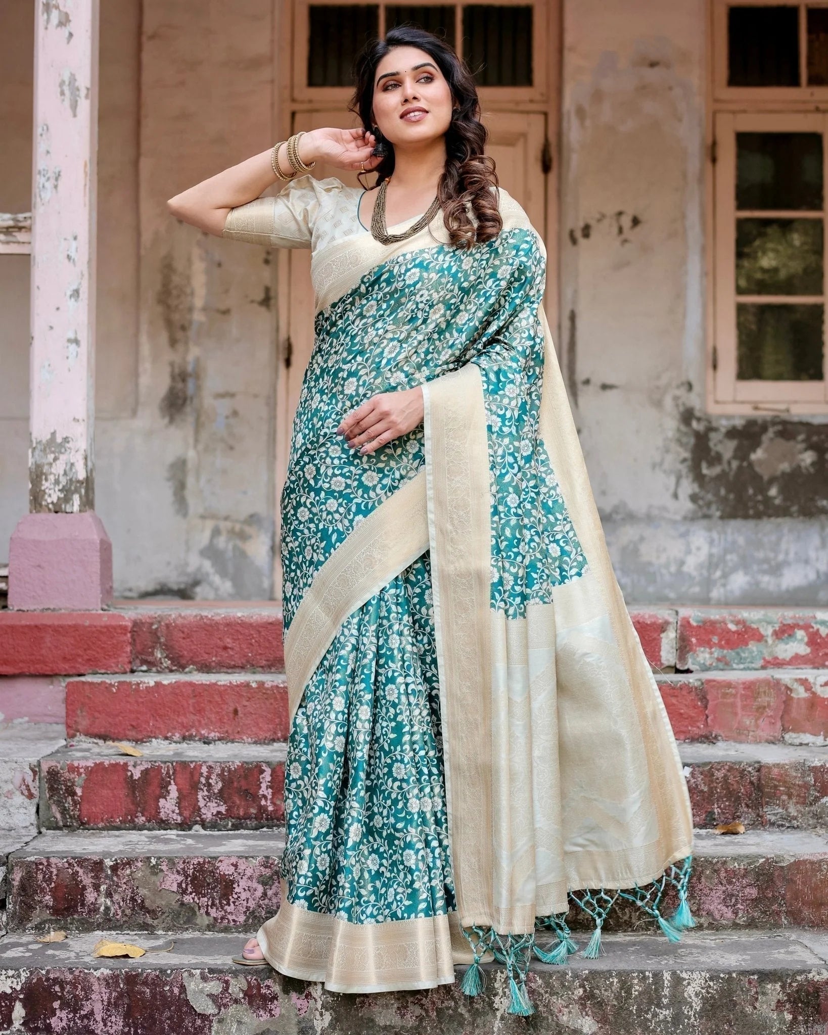 Teal and Cream Floral Banarasi Silk Saree with Zari Weave and Tassel-Accented Pallu