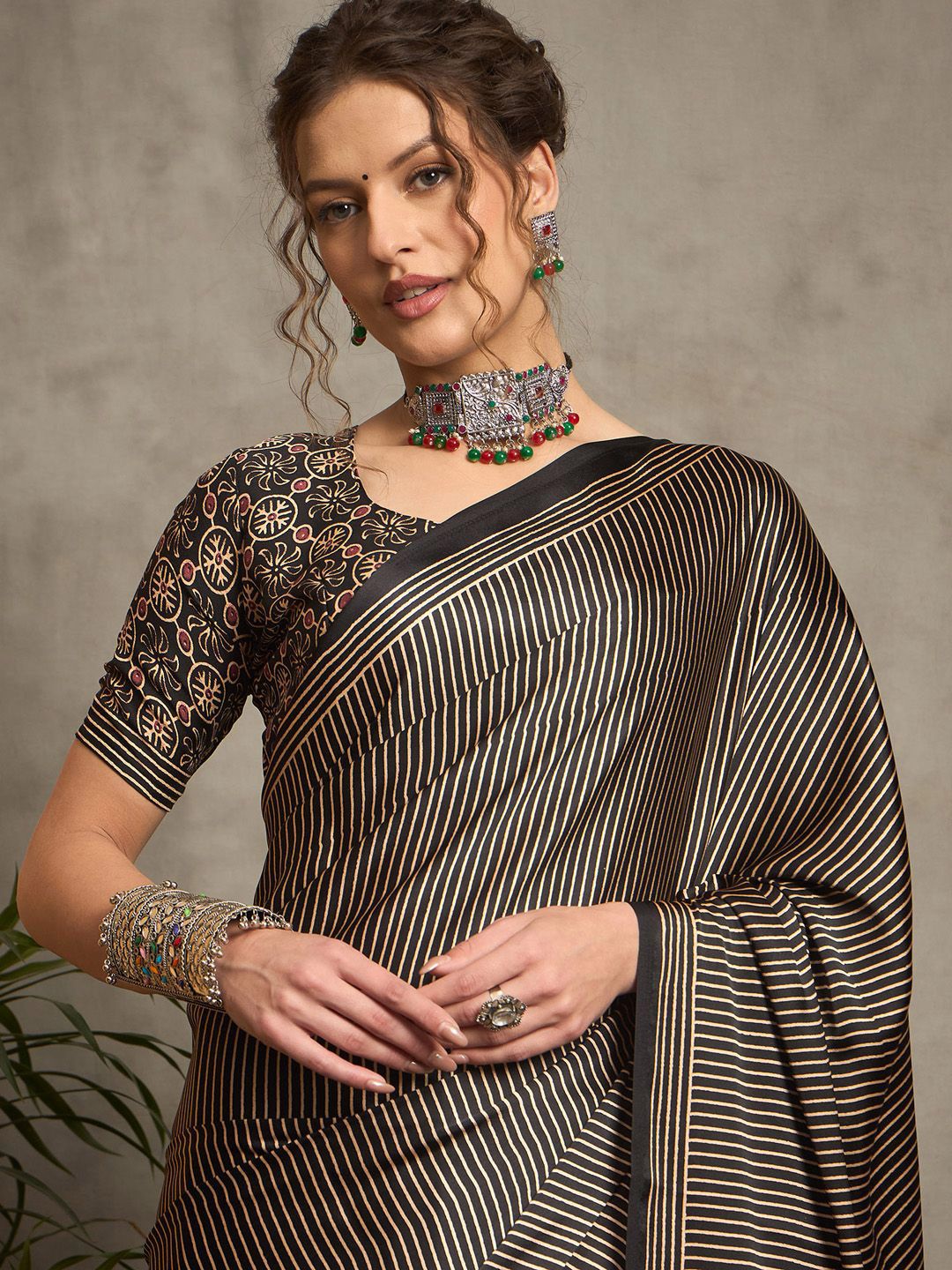 Beige & Black Gajji Silk Saree with Multicolor Polka Pallu and Contrast Printed Blouse